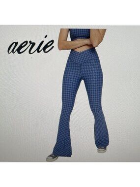 Offline By Aerie Real Me Super Flare Hi-Rise Pants Houndstooth Blue M Long